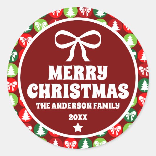  Retro Kerstbomen en Bogen Ornament Ronde Sticker (Voorkant)