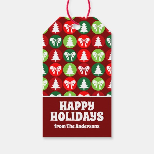  Retro Kerstbomen en Bogen Patroon Cadeaulabel (Voorkant)