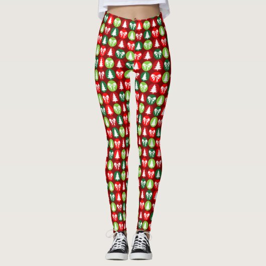  Retro Kerstbomen en Bogen Patroon Leggings (Voorkant)