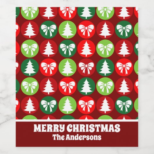 Retro Kerstbomen en Bogen Patroon Wijn Etiket (Enkel label)