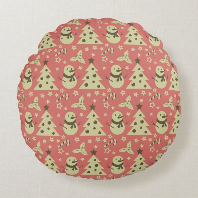 Retro Kerstbomen holly bessen ster snoep Rond Kussen (Voorkant)