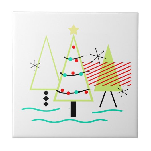 retro kerstbomen in mid century modern stijl tegeltje (Voorkant)