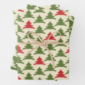 Retro Kerstbomen in Olijfgroen Rode Crème Inpakpapier Vel (In situ)