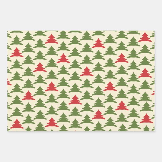 Retro Kerstbomen in Olijfgroen Rode Crème Inpakpapier Vel (Voorkant)