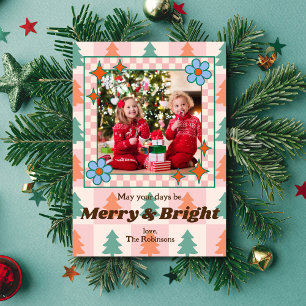 Retro Kerstbomen met Groovy Patroon Fotolijst Feestdagenkaart