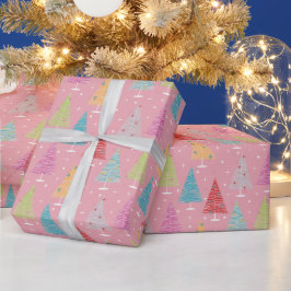 Retro kerstbomen Roze Kerstmis Cadeaupapier