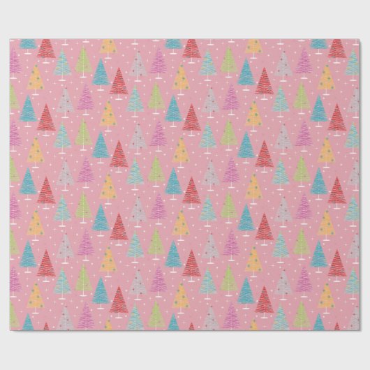 Retro kerstbomen Roze Kerstmis Cadeaupapier (Vlak)