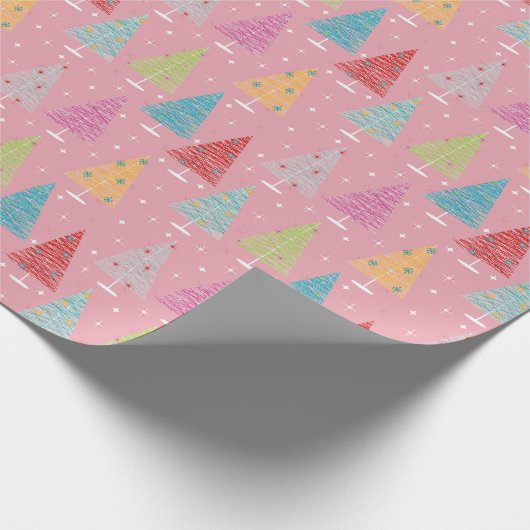 Retro kerstbomen Roze Kerstmis Cadeaupapier (Hoek)