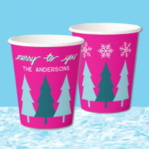 Retro Kerstbomen Roze Teal Sneeuwvlokken