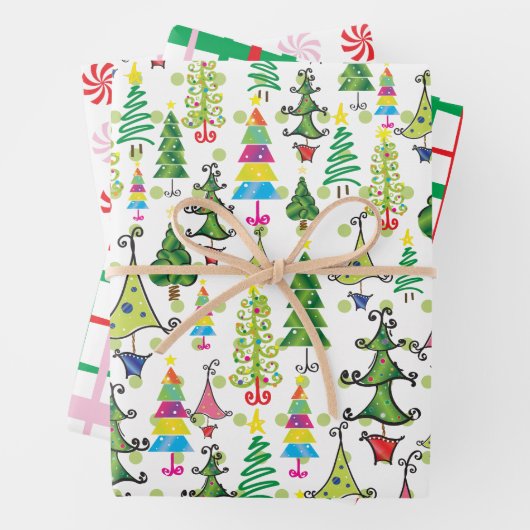 Retro kerstbomen Snoep Roze rood groen patroon Inpakpapier Vel (In situ)