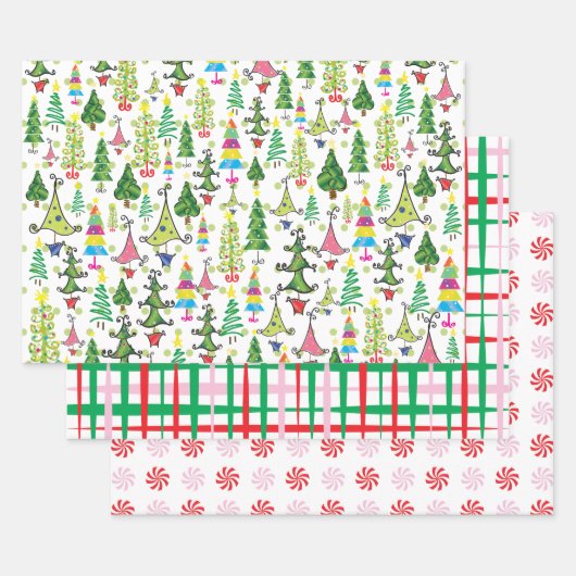 Retro kerstbomen Snoep Roze rood groen patroon Inpakpapier Vel (Set)