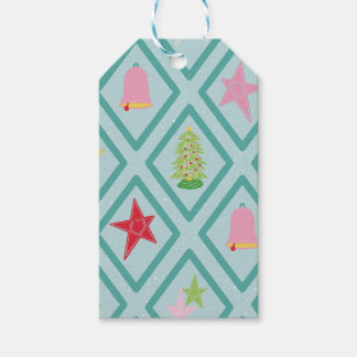 Retro kerstbomen, sterren, bogen en klokken cadeaulabel