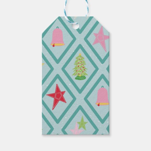 Retro kerstbomen, sterren, bogen en klokken cadeaulabel (Voorkant)