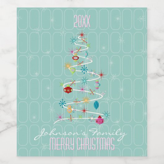 Retro kerstboom Blauwgroen kerst Wijn Etiket (Enkel label)