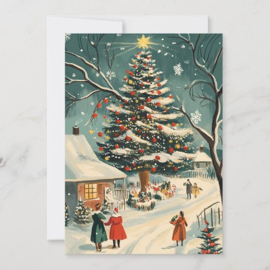 Retro Kerstboom Dorps Scene Feestdagenkaart (Voorkant)