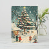 Retro Kerstboom Dorps Scene Feestdagenkaart (Staand voorkant)