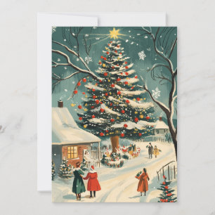 Retro Kerstboom Dorps Scene Feestdagenkaart
