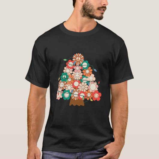 Retro Kerstboom Glimlach Gezicht Bloem Xmas Licht T-shirt (Voorkant)