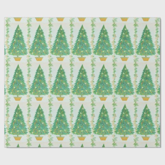  retro kerstboom gouden witte sterren cadeaupapier (Vlak)