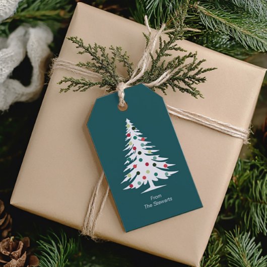 Retro kerstboom, kleurrijke vintage kerst cadeaulabel