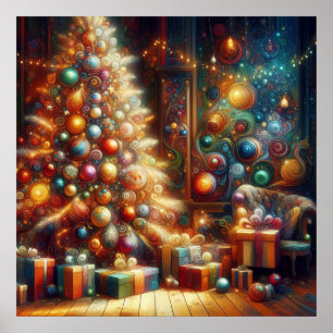 Retro kerstboom met cadeaus onder de muur poster