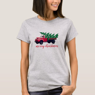 Retro Kerstboom op Rode Truck Shirt Vrouwen