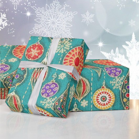 Retro Kerstboom Ornamenten op Aqua Gift Cadeaupapier