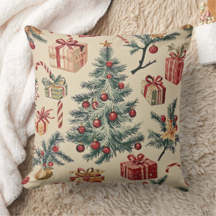 Retro Kerstboom Rood Groen Crème Vakantie Kussen