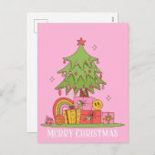 Retro kerstboom roze feestdagenkaart (Voorkant / Achterkant)