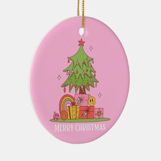 Retro kerstboom roze keramisch ornament (Rechts)