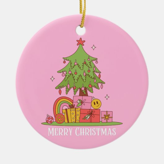 Retro kerstboom roze keramisch ornament (Voorkant)