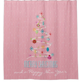 Retro kerstboom Roze Kerstmis Douchegordijn