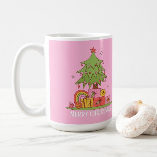 Retro kerstboom roze koffiemok (Met donut)