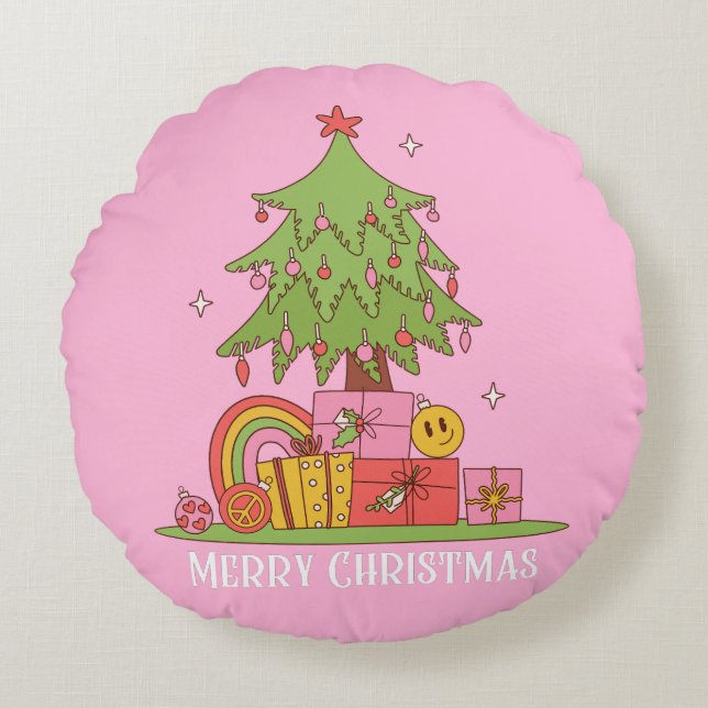 Retro kerstboom roze rond kussen (Voorkant)