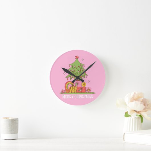 Retro kerstboom roze ronde klok (Huis)
