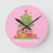 Retro kerstboom roze ronde klok (Voorkant)