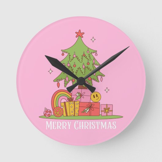 Retro kerstboom roze ronde klok (Voorkant)