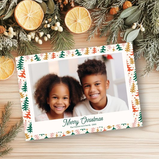 Retro Kerstboom Vakantie Familie Fotokaart Feestdagenkaart