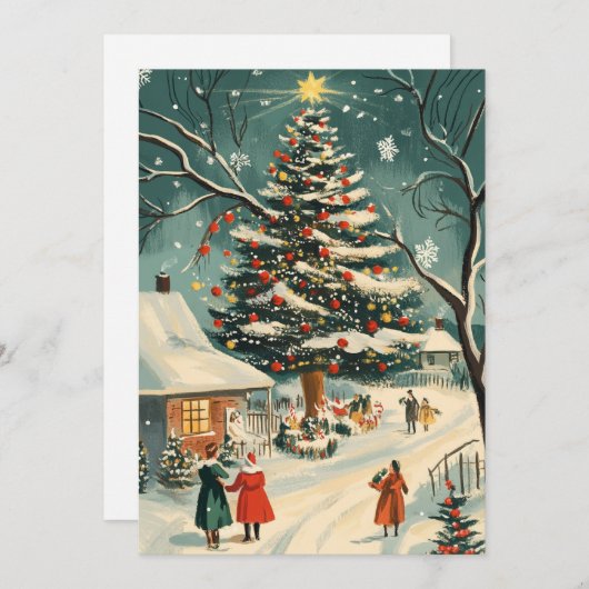 Retro Kerstboom Village Scene Feestdagenkaart (Voorkant / Achterkant)