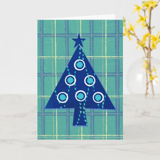  Retro-kerstboomkaart in blauw Kaart (Gele Bloem)