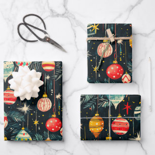 Retro kerstboomornamenten inpakpapier vel
