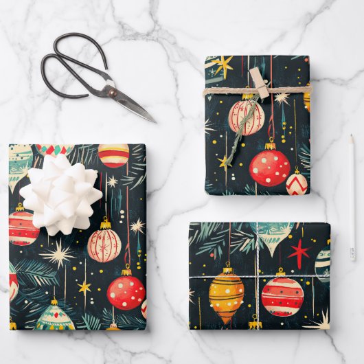 Retro kerstboomornamenten inpakpapier vel (Voorkant)