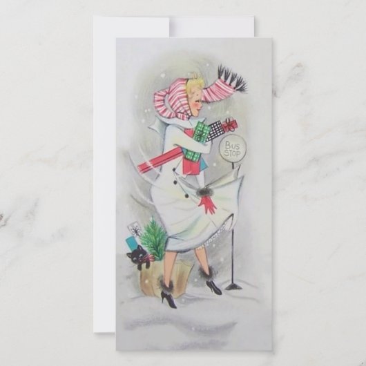  Retro Kerstbus Stop Lady Custom Feestdagenkaart (Voorkant)