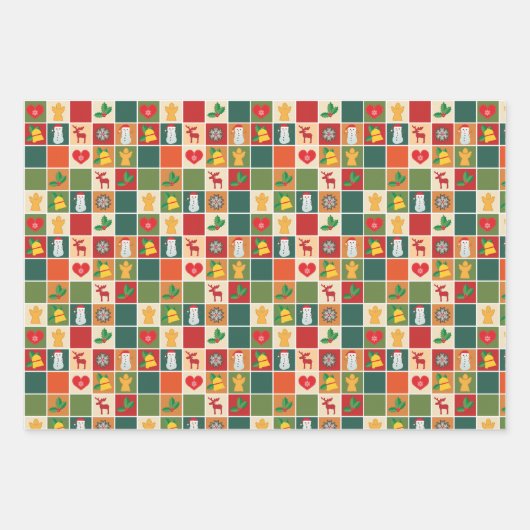 Retro kerstcadeaupapier - 3 vellen (Voorkant)