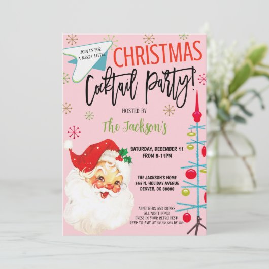 Retro-kerstcocktail-party uitnodiging (Staand voorkant)