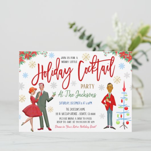 Retro-kerstcocktail-party uitnodiging (Staand voorkant)