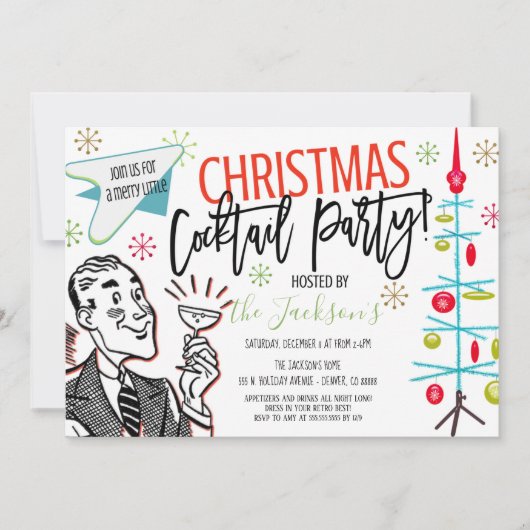 Retro-kerstcocktail-party uitnodiging (Voorkant)