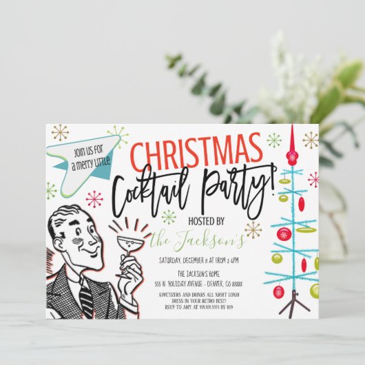 Retro-kerstcocktail-party uitnodiging (Staand voorkant)