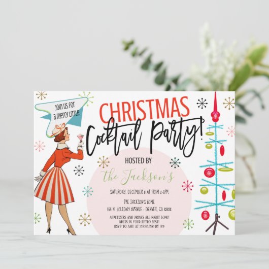 Retro-kerstcocktail-party uitnodiging (Staand voorkant)