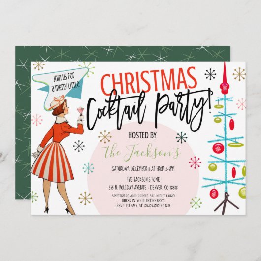 Retro-kerstcocktail-party uitnodiging (Voorkant / Achterkant)